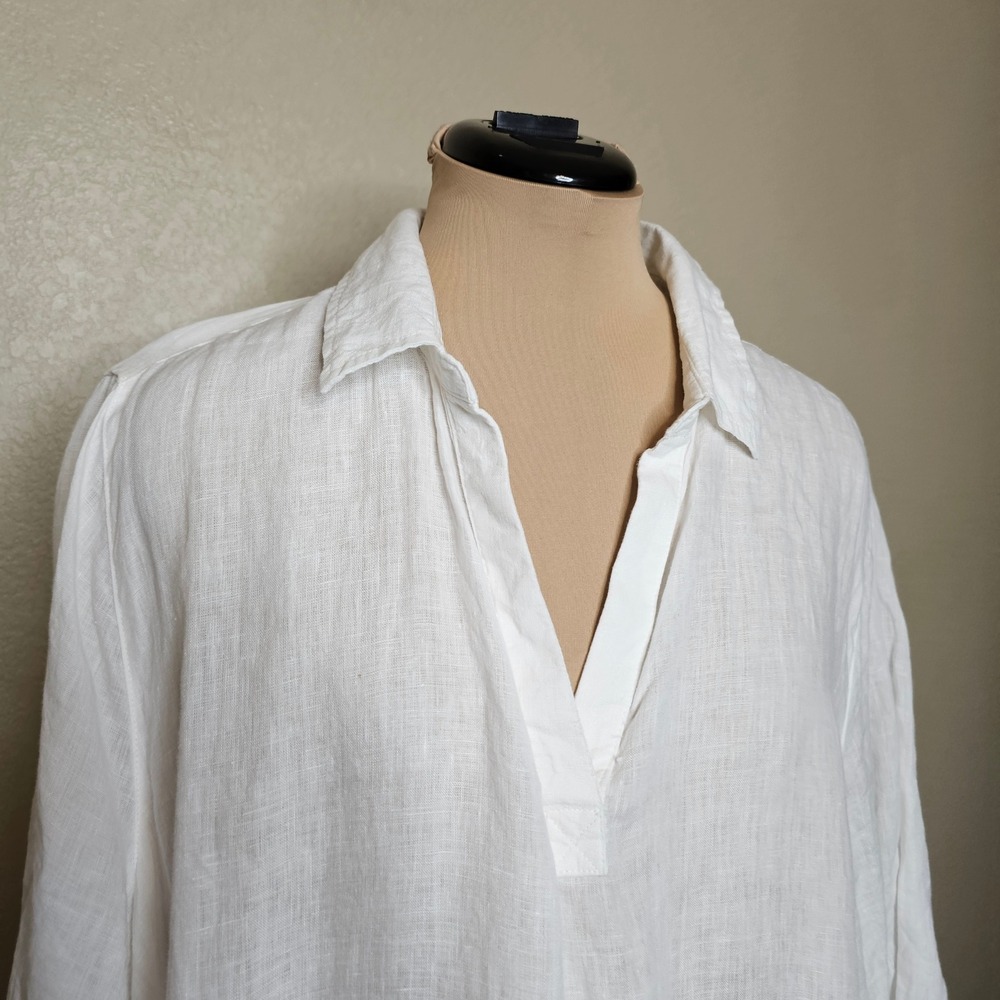 Tahari White 100% Linen Popover V-Neck Tunic Top 3/4 Sleeve Side Button Size 1X - Picture 2 of 8